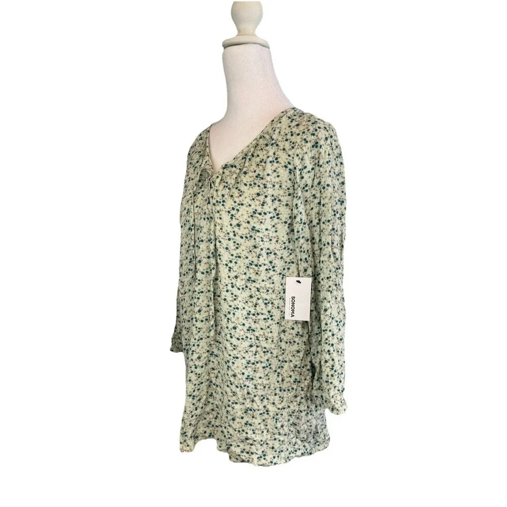 Sonoma Goods Blouse Size M Blue Floral Rayon Shirred Y-neck Balloon Sleeve NWT